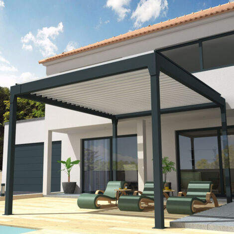 Pergola Bioclimatique COCOON îlot Mixte Gris anthracite / Blanc 4,00x4,063m (Vérin à télécommande) (1/5)