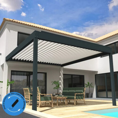 Pergola Bioclimatique COCOON XL perpendiculaire Mixte Gris anthracite / Blanc 6,015x3,50m (Vérin à télécommande + Kit LED 3 cotés) (1/5)