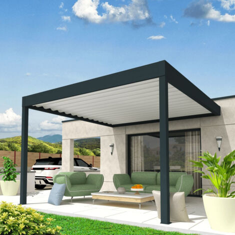 Pergola rétractable CONCEPT Mixte Gris anthracite / Blanc 4,50x5,213m (Motorisé à télécommande + Kit LED 3 cotés) (1/5)