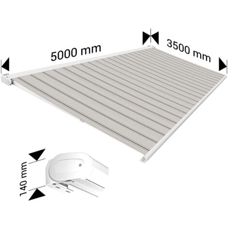 Store banne Coffre intégral PROTECT 2 Blanc 5x3,5m Motorisé à télécommande - Toile Grise Rayée