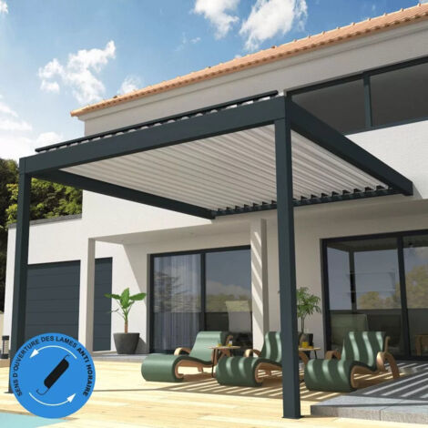 Pergola Bioclimatique COCOON perpendiculaire Mixte Gris anthracite / Blanc 4,576x4,00m (Vérin à télécommande) (1/5)