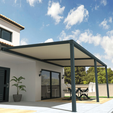 Pergola toile SUNLIGHT Gris anthracite - 7,00x4,00m (Motorisé à télécommande secours + Kit LED 1 coté - Ecru) (1/5)