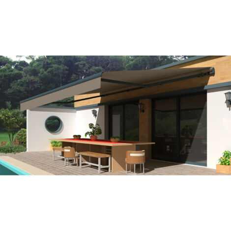 Store banne Monobloc EASY Gris Anthracite 4x3m (Motorisé à télécommande secours - Gris Anthracite - Taupe) (1/5)