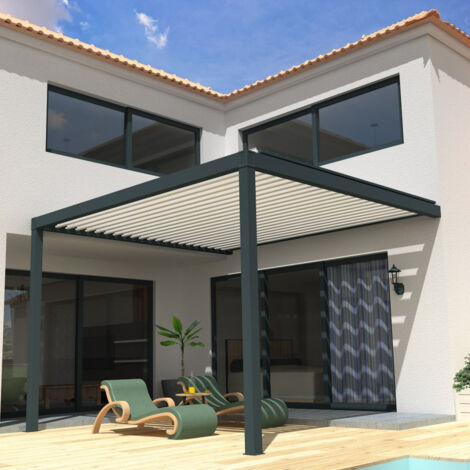Pergola Bioclimatique STYLE Mixte Gris anthracite / Blanc 4,00x3,940m (Motorisé à télécommande) (1/5)
