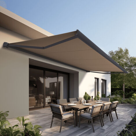 Store banne Coffre intégral PROTECT 2 LED Gris Anthracite 6x3,5m Motorisé à télécommande + Eclairage LED - Toile Taupe (1/4)
