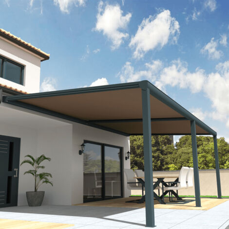 Pergola toile SUNLIGHT Gris anthracite - 5,00x3,50m (Motorisé à télécommande secours + Kit LED 1 coté - Taupe) (1/5)