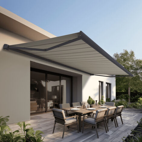 Store banne Coffre intégral PROTECT 2 LED Gris Anthracite 6x3,5m Motorisé à télécommande + Eclairage LED - Toile Grise Rayée (1/4)