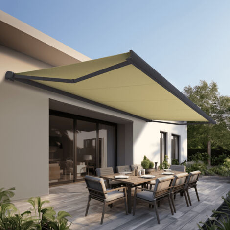 Store banne Coffre intégral PROTECT 2 Gris Anthracite 4,05x3,50m Motorisé à télécommande - Toile Ecrue (1/4)
