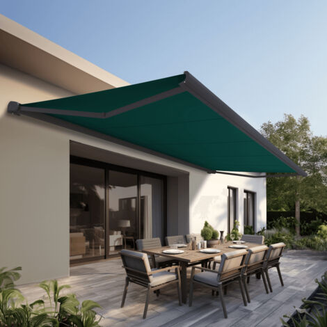 Store banne Coffre intégral PROTECT 2 SMART Gris Anthracite 4,05x3,50m Motorisé à télécommande + Capteur Vent - Toile Vert (1/4)