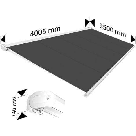 Store banne Coffre intégral PROTECT 2 Blanc 4,05x3,50m Motorisé à télécommande - Toile Grise Anthracite