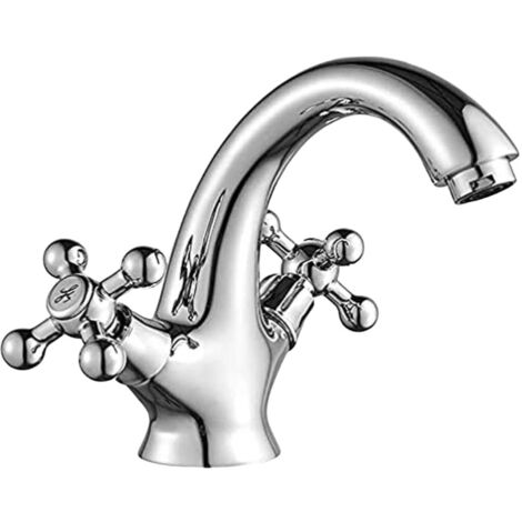 Rubinetto Lavabo Bagno Stile Vittoriano - Cromato, Doppia Manopola A Croce, In Ottone, Collo Di Cigno - Foto 2