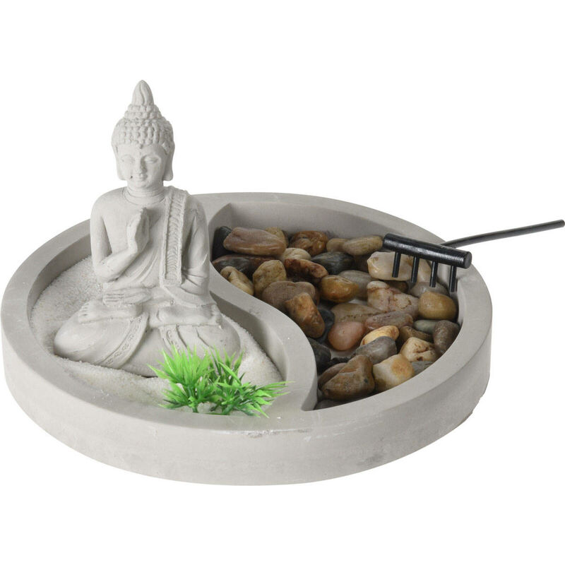 Ensemble Jardin Zen Bouddha - Figurine Sur Assiette Ciment Avec Photophore Et Accessoires (Rond)