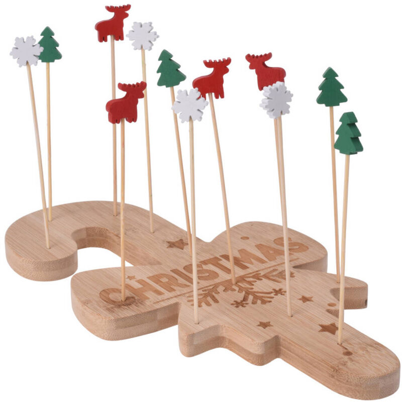 Pics à Cocktail De Noël Lot De 50 - Motifs Flocon, Sapin, Père Noël - En Bambou 13 Cm - Pour Apéritif, Dessert, Charcuterie