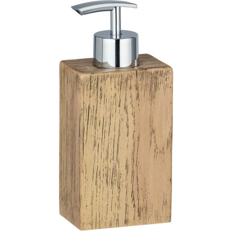 WENKO Distributeur Savon Liquide Marla, Capacité 350 ml, polyrésine effet bois, 7x16,5x5 cm, Marron