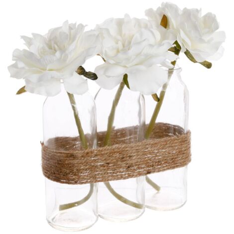 Ac-Deco – Composition florale 3 roses blanches artificielles dans 3 vases en verre – Dimensions 17x5,5x23cm – Corde en chanvre décorative