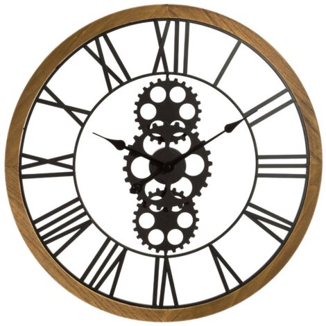 Atmosphera – Pendule murale ronde en bois et métal D 70 cm – Mécanisme apparent – Chiffres romains vintage – Installation murale