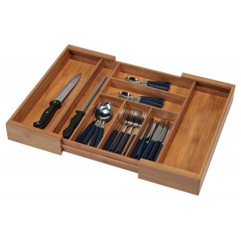 Range couverts extensible en bambou naturel – Largeur 35 à 58 cm – Hauteur 6,5 cm – 6 à 8 compartiments pour tiroirs standards – Kesper