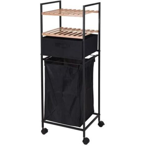 Chariot de salle de bain avec étagères et sac à linge, 2en1, bambou (1/3)