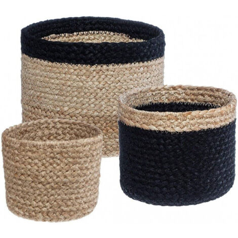 Atmosphera – Lot de 3 paniers de rangement en jute noir et beige – Forme cylindrique – Dimensions : D. 11,5/16/19 cm – Écologique et léger