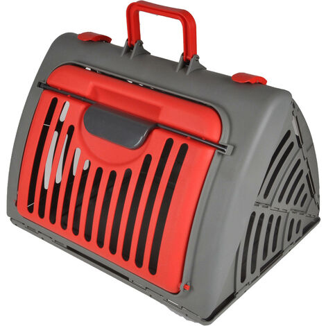 Cage de transport pliable pour chat et petit chien – Plastique haute qualité – 46 x 35 x 33 cm – Couleur anthracite/rouge