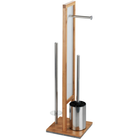 Wenko – Porte-papier hygiénique et brosse WC 3-en-1 en bambou et verre trempé – À poser sans perçage – Dimensions 20x18x70cm – Pour petites salles de bain (1/7)