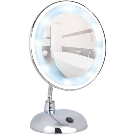 Wenko – Miroir grossissant LED x3 sur pied – Diamètre 16 cm – Boîtier chromé – Angle d'inclinaison réglable – Rétroéclairage 10x LED