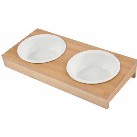 Double gamelles en céramique avec support en bambou - Blanc et beige - D 12 x L 29,5 x l 14 cm - Livraison gratuite