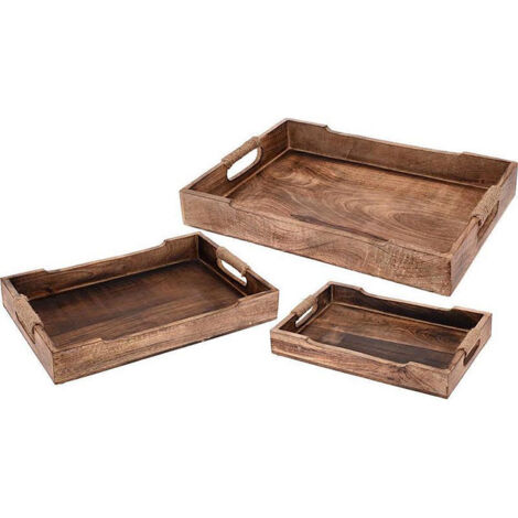 Lot de 3 plateaux à mangue, style rustique, poignées de transport, rangement facile, matériau durable, couleur marron