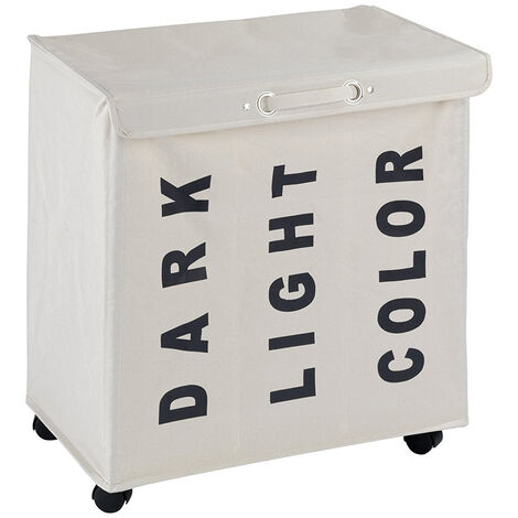 Wenko – Récipient à linge rectangulaire 116L – 3 compartiments avec inscriptions – Polyester imperméable et résistant – 4 roues pour déplacement facile