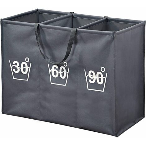 Panier à linges en bois et tissu à 3 compartiments - Gris - L 75 x l 60 x H 35 cm - Livraison gratuite (1/5)