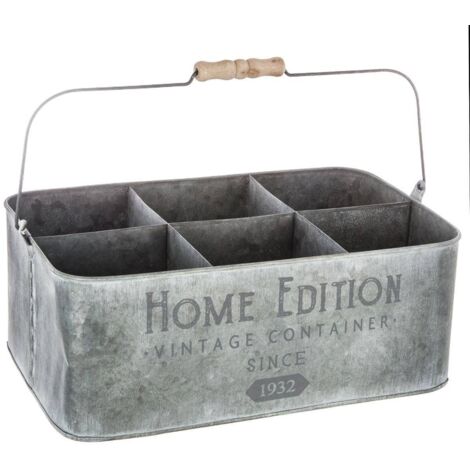 Atmosphera – Porte plante déco vintage en zinc gris – 6 compartiments carrés – Poignée en bois pour déplacement facile – Dimensions L. 36,5 x P. 23,3 x H. 13,9 cm (1/6)