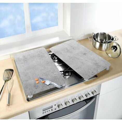 WENKO Protezione per piano cottura Universal Beton, copertura per piano cottura in vetro effetto cemento, Set di 2, vetro temperato, 30x52 cm, multicolore