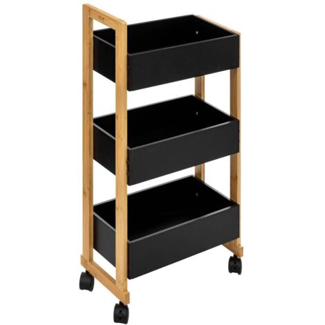 5Five Simply Smart – Desserte roulante 3 niveaux en bambou et MDF noir H 80,5 cm – Chariot de rangement avec roulettes pivotantes – Design élégant pour cuisine et bureau (1/10)