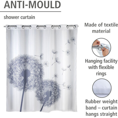 FP – Rideau de douche anti-moisissures 180x200 cm – Polyester hydrofuge – Impression pissenlit – Lavable à 30°C – Anneaux métalliques inclus