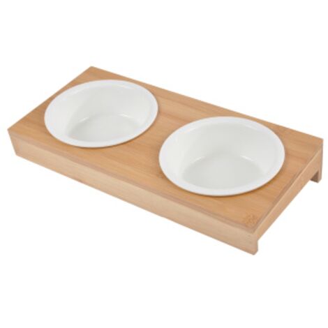 Gamelles pour chien en céramique Ø 16 cm, sur support en bambou (1/2)