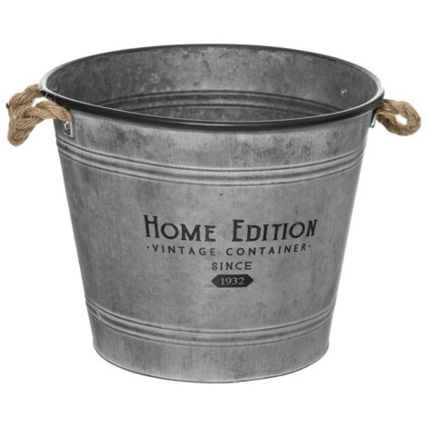 Atmosphera – Pot de fleurs en métal gris 37,5cm – Zinc et fer – Pour balcon, terrasse ou jardin – Poignées en jute pour transport facile