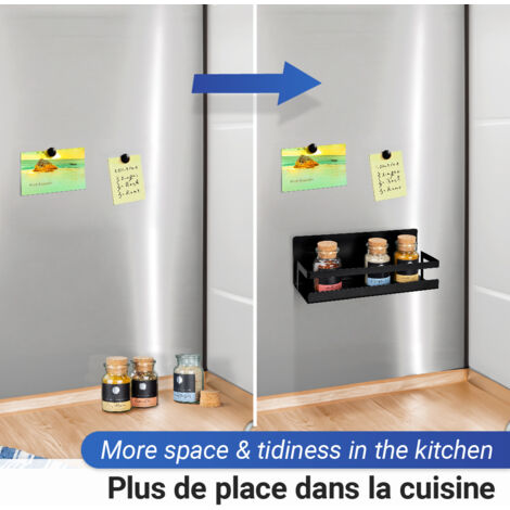 Étagère Magnétique Réfrigérateur Maclean - 2 Niveaux, Porte-Rouleau + 6 Crochets, Charge 12kg (Noir)