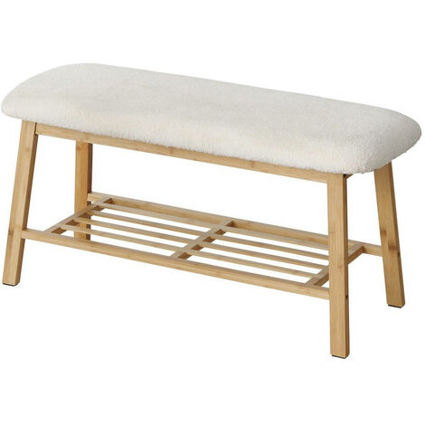 Banc d'entrée à chaussures avec siège Teddy BENJA – Structure en bambou – Siège en fourrure douce – Espace de rangement spacieux – Wadiga