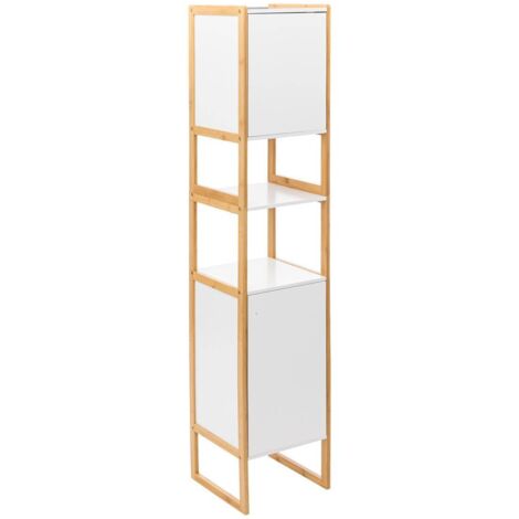 5Five Simply Smart – Colonne de salle de bain blanche 33x33x170 cm – 2 portes réversibles – Étagères réglables en hauteur – Construction en bambou et MDF (1/7)
