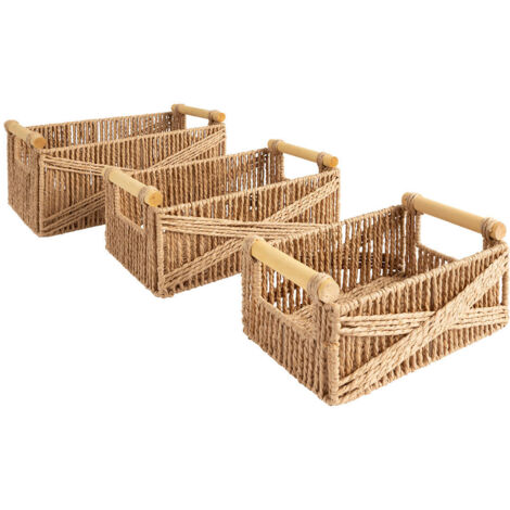 Atmosphera – Lot de 3 caisses en bois beige 26/31/36cm – Poignées en eucalyptus – Structure renforcée en acier – Rangement esthétique et durable