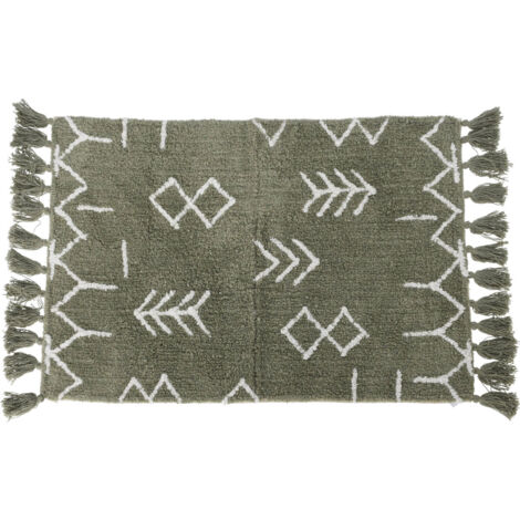 Tapis vert avec franges, 100 % coton, motif ethnique. (1/2)