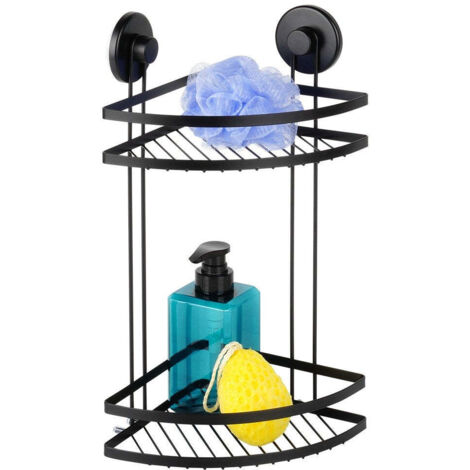 Étagère de salle de bain pour douche, deux niveaux, avec ventouses, noire, 25 x 18 x 37 cm. (1/5)