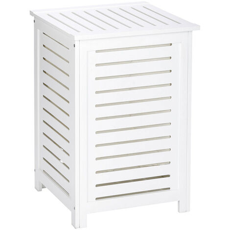 Wenko – Panier à linge blanc 65 x 45 x 45 cm – Bois peint – Cartouche amovible 80% coton – Rangement esthétique pour salle de bain