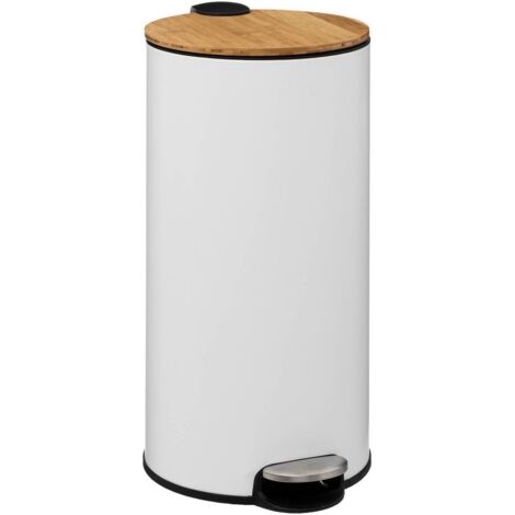 5Five Simply Smart – Poubelle de cuisine en métal blanc 30L – Couvercle en bambou – Douce fermeture – Seau amovible pour nettoyage facile – Ø 29 x H 65 cm