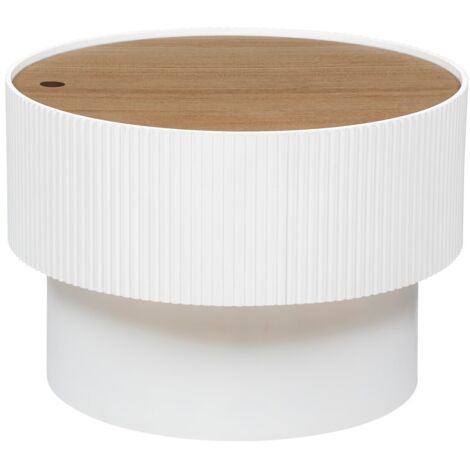 Atmosphera – Table basse coffre D55 – Blanc – MDF avec placage frêne – Design nordique – Dimensions D. 55 x H. 38 cm – Rangement intégré