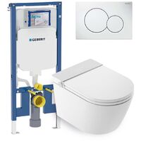 Mizubath - Set WC giapponese sosp. Rada bianco - Risciacquo ad acqua - Asciugatura ad aria - Modulo Geberit Duofix 8 cm - Placca comando doppio bianca