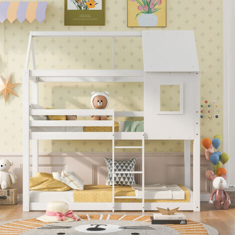 Bunk Bed, Children Cabin Bed, Single Bed for Kids, Twin Sleeper, Solid Pine Wood,3FT -White