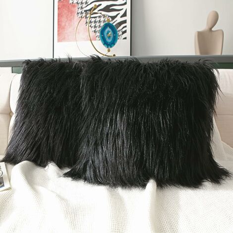 2 Pack Decorative Faux Fur Throw Pillow Covers Velvet Fluffy Cushion Covers for Living Room Bed Couch Sofa Chair, 18x18'', Black