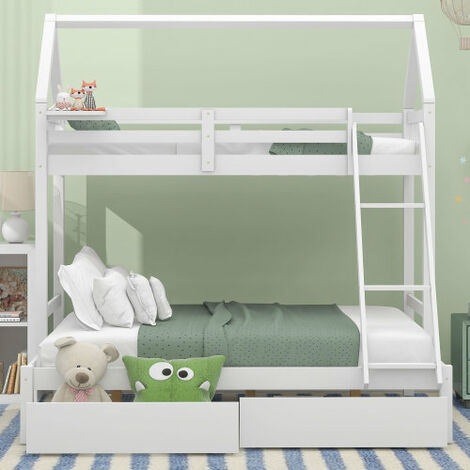 Triple Bunk Bed with Ladder, Three Sleeper, 3FT Single, 4FT6 Double, with drawers and a shelf, Solid Pine Wood Frame, Kids Children, White (90x190cm, 135x190cm)