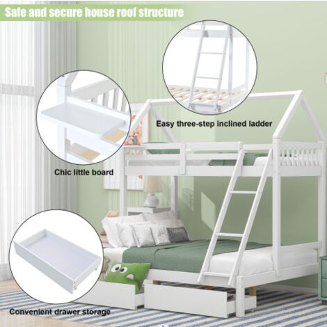 Triple Bunk Bed with Ladder, Three Sleeper, 3FT Single, 4FT6 Double, with drawers and a shelf, Solid Pine Wood Frame, Kids Children, White (90x190cm, 135x190cm)